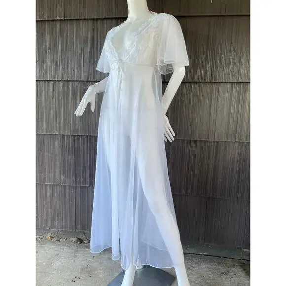 Vintage Val Mode Fairy Sheer Nylon Short flutter Sleeve Lace White Maxi Robe S-M - Picture 3 of 16